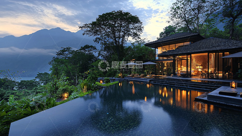 高清大图下载【趣麦麦图】山景泳池别墅夜景