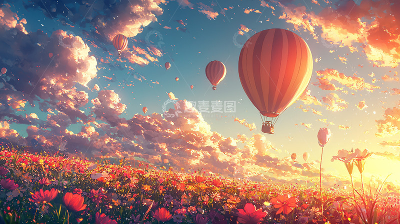 高清大图下载【趣麦麦图】热气球花海日落风景