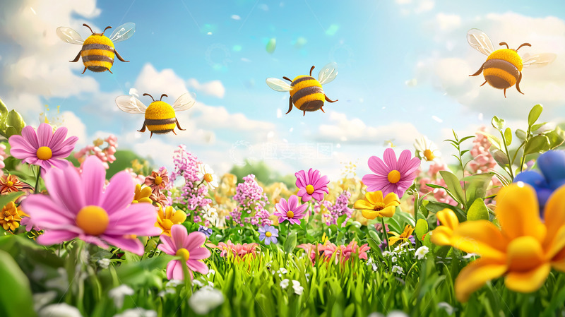 卡通蜜蜂飞过花田