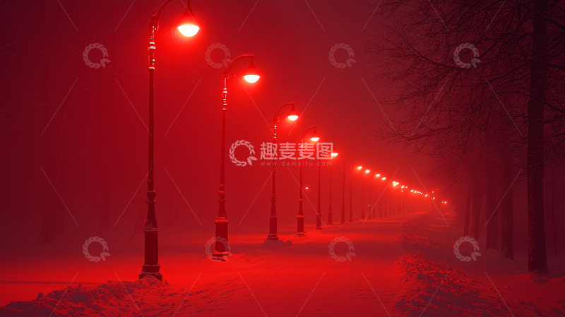 高清大图下载【趣麦麦图】红雾笼罩下的雪夜街道