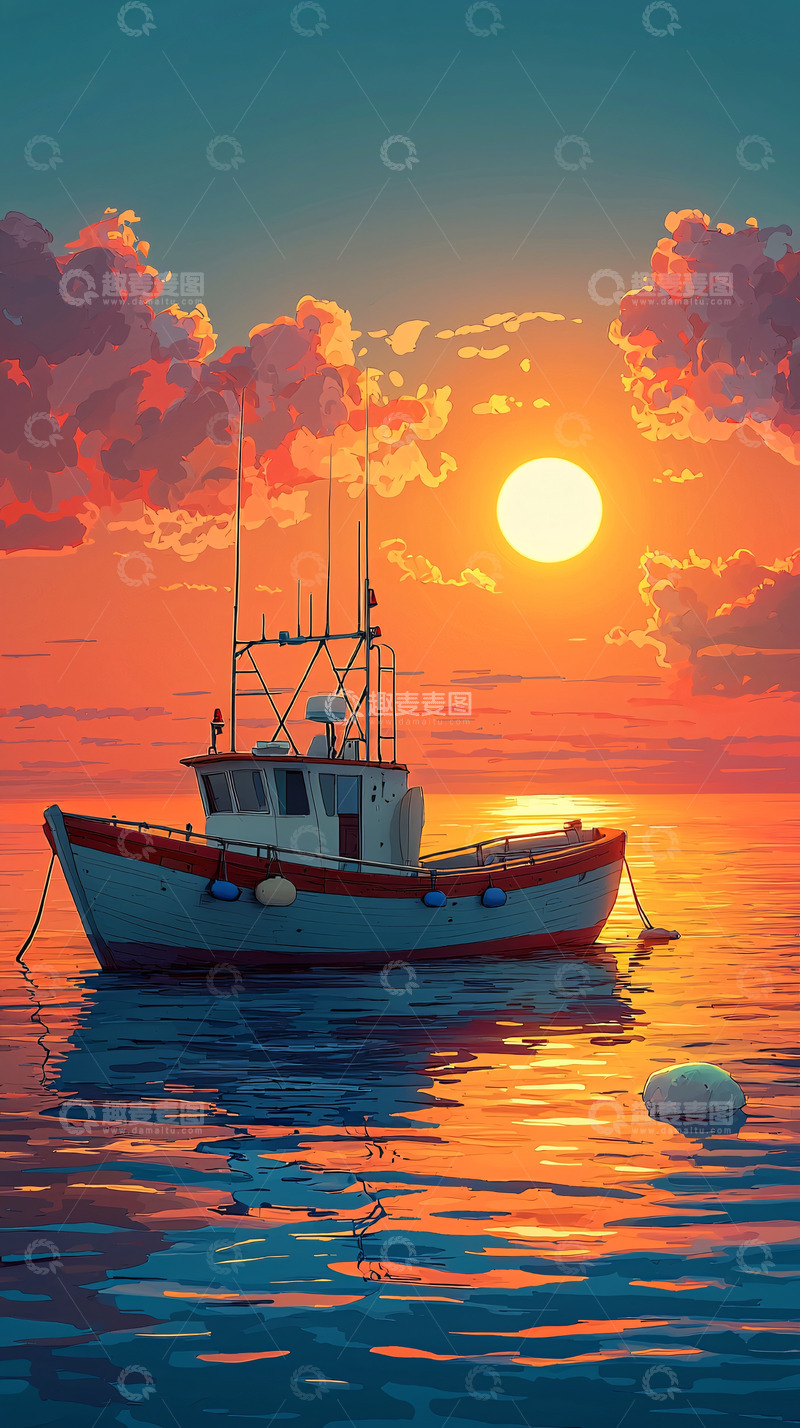 高清大图下载【趣麦麦图】夕阳西下渔船海景