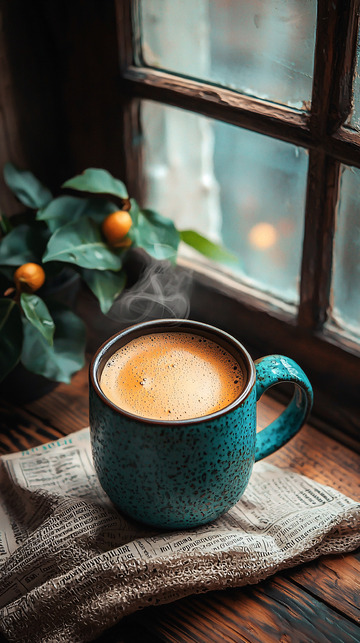 窗边一杯热气腾腾的咖啡