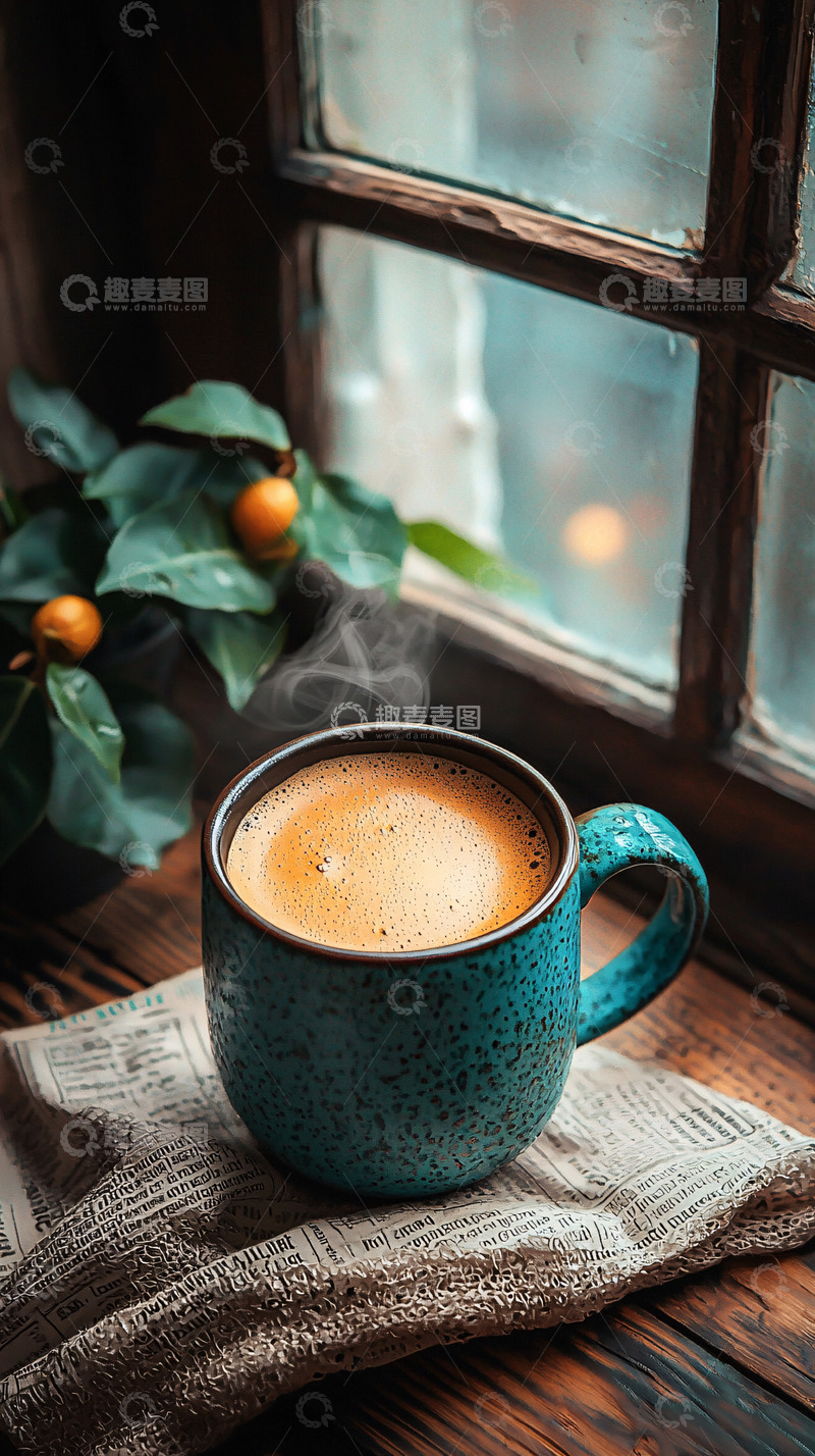 高清大图下载【趣麦麦图】窗边一杯热气腾腾的咖啡