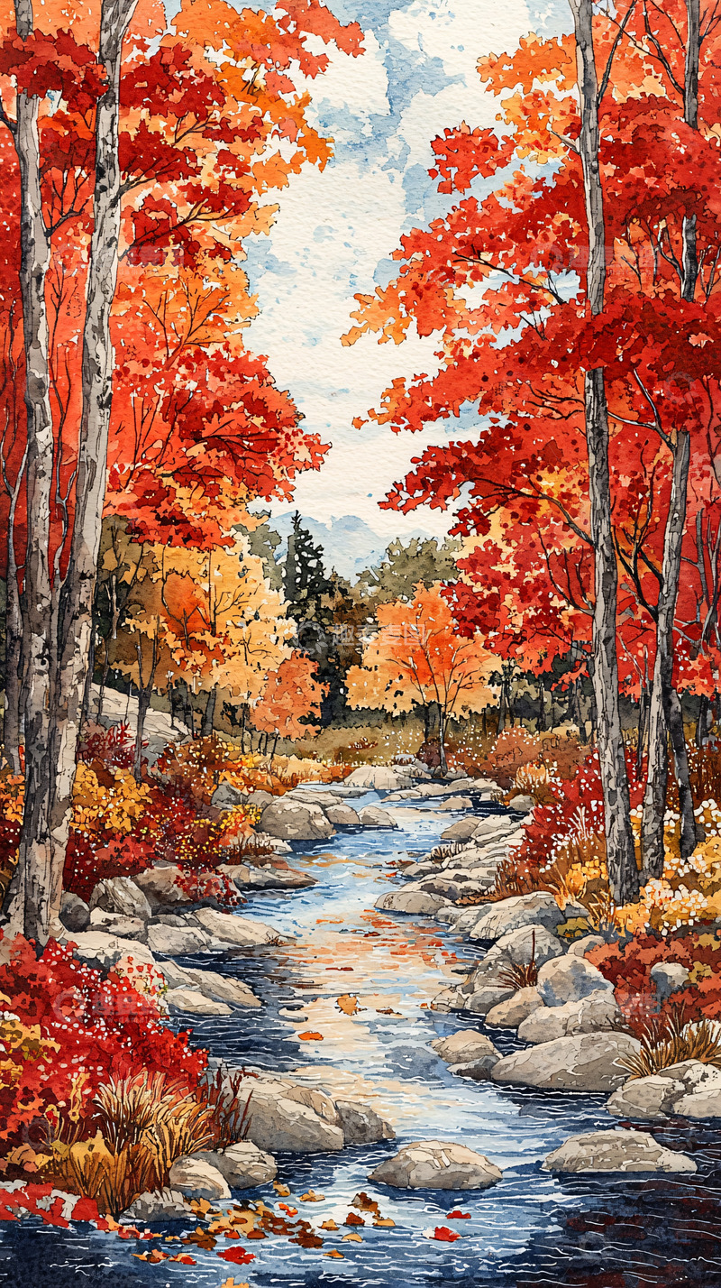 高清大图下载【趣麦麦图】秋日溪流红叶森林