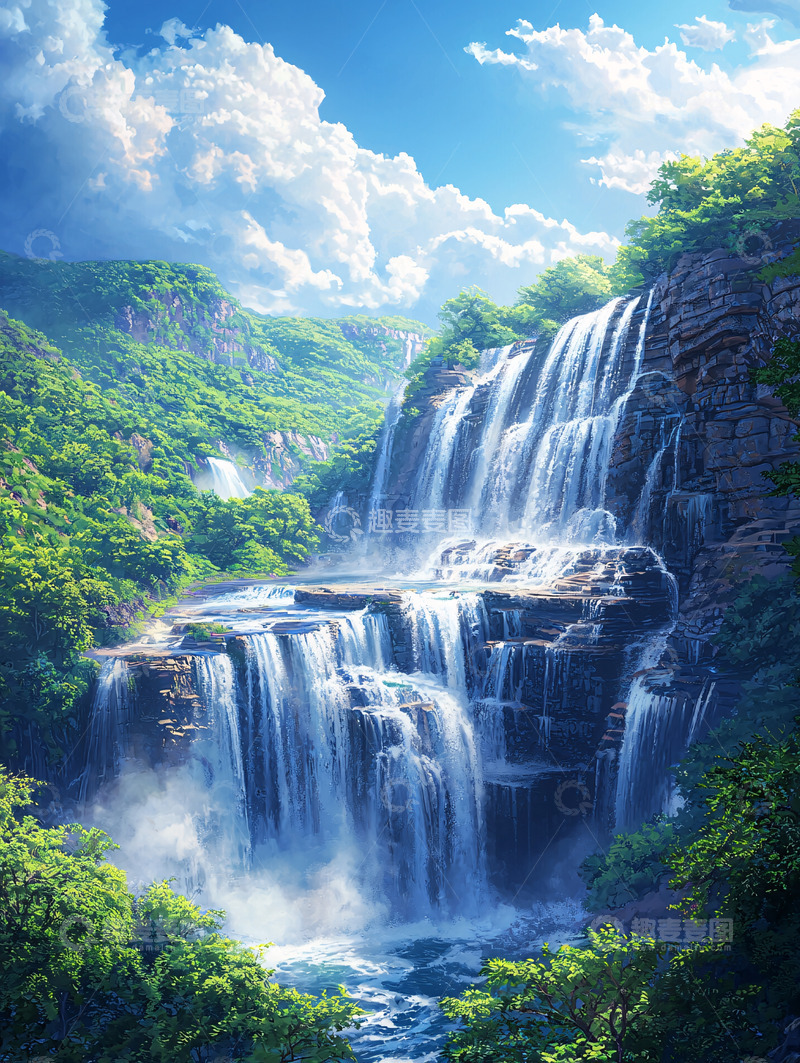 高清大图下载【趣麦麦图】壮丽瀑布山间美景