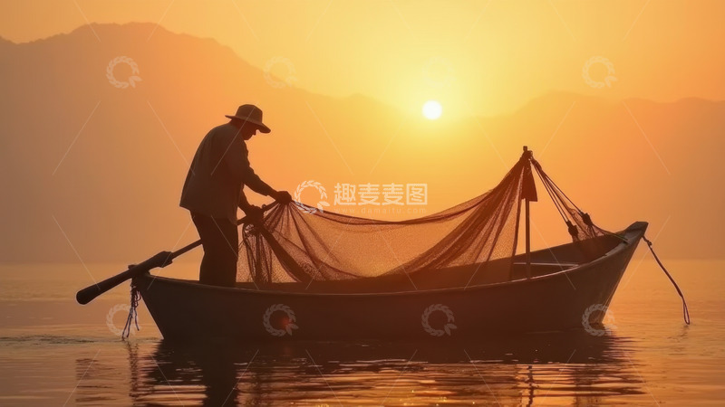 高清大图下载【趣麦麦图】夕阳里船上收网的渔夫
