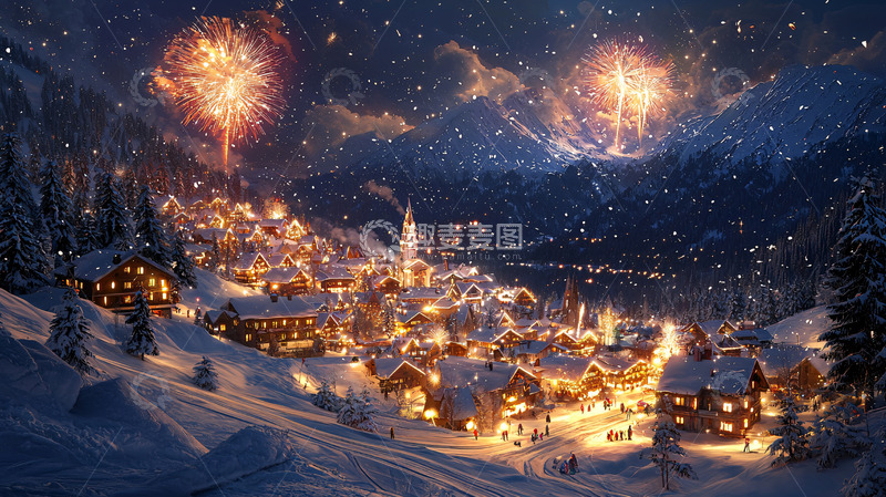 高清大图下载【趣麦麦图】雪夜小镇烟火