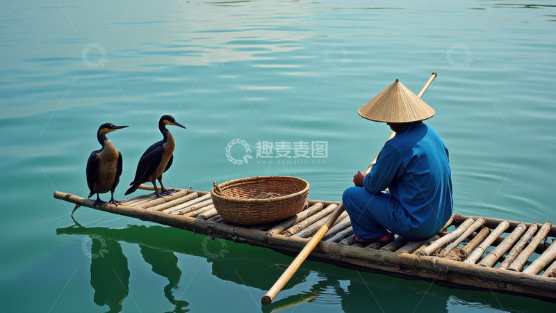 高清大图下载【趣麦麦图】竹筏上的渔夫与鸬鹚