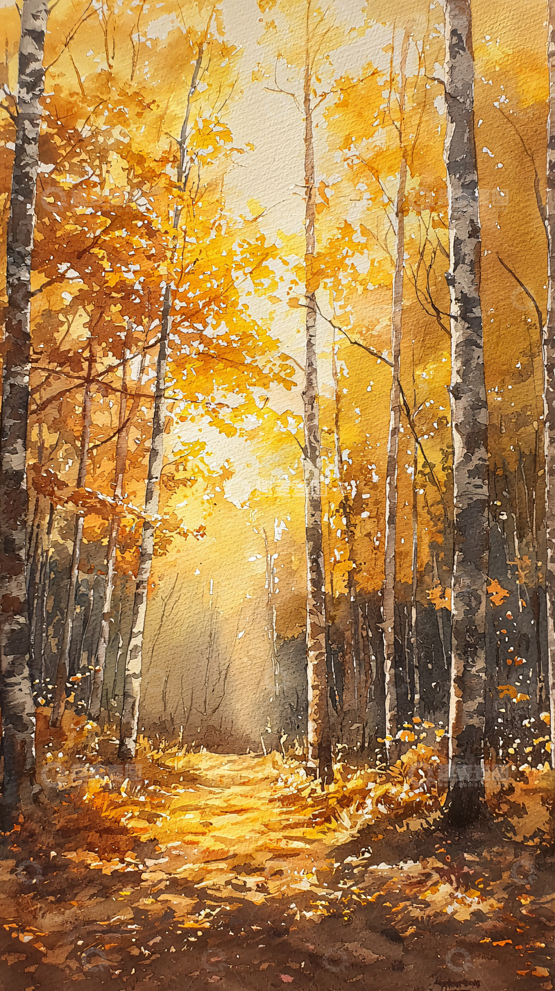 高清大图下载【趣麦麦图】秋日森林小路水彩画