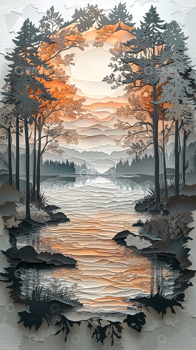 高清大图下载【趣麦麦图】剪纸风格山水风景画