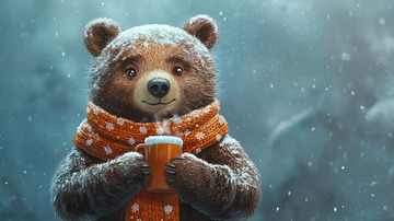 冬日暖饮的可爱小熊