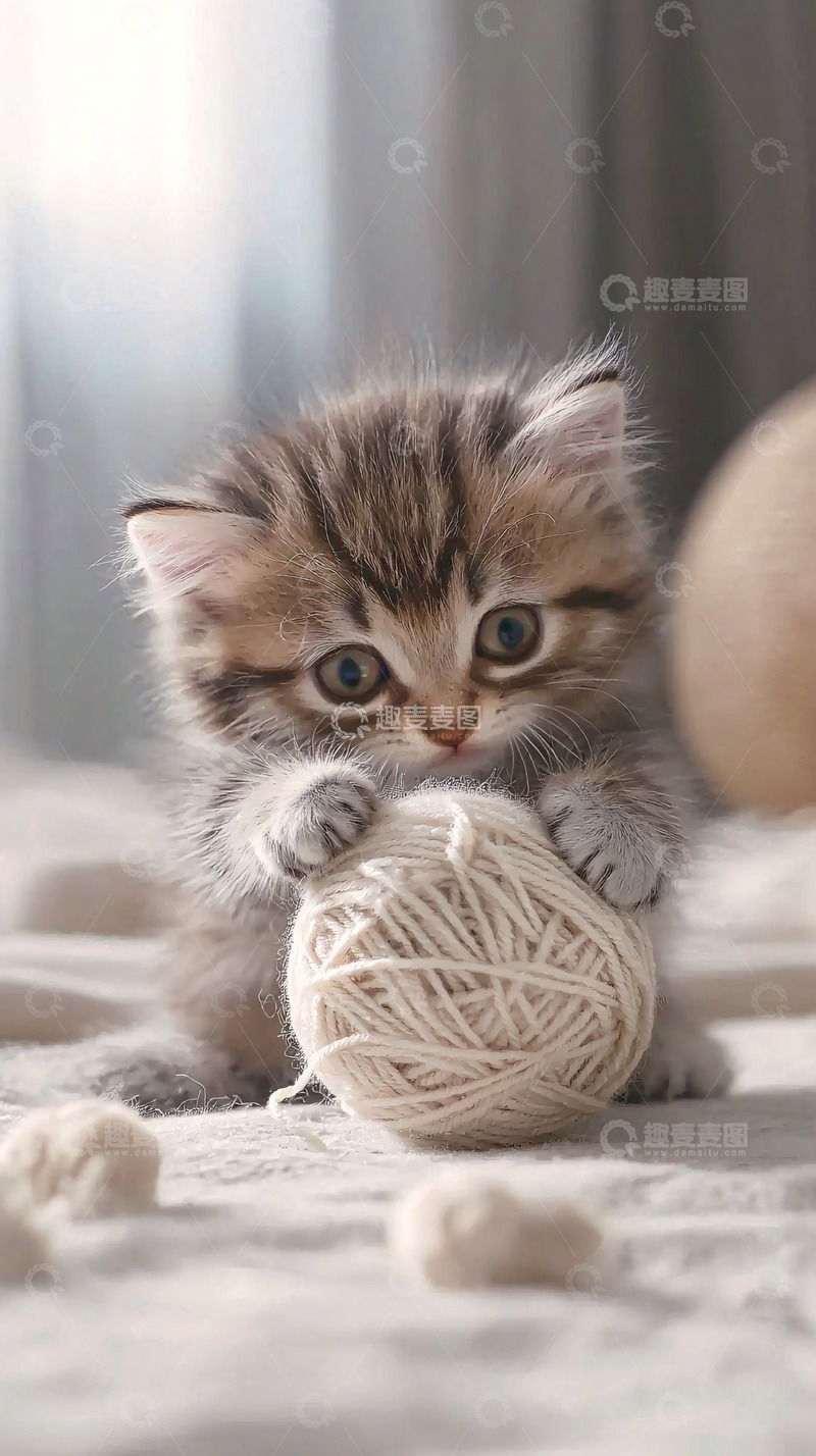 高清大图下载【趣麦麦图】可爱小猫玩毛线球