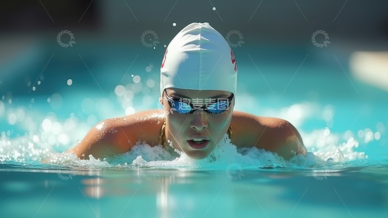 高清大图下载【趣麦麦图】泳池中前进的白色泳帽泳者