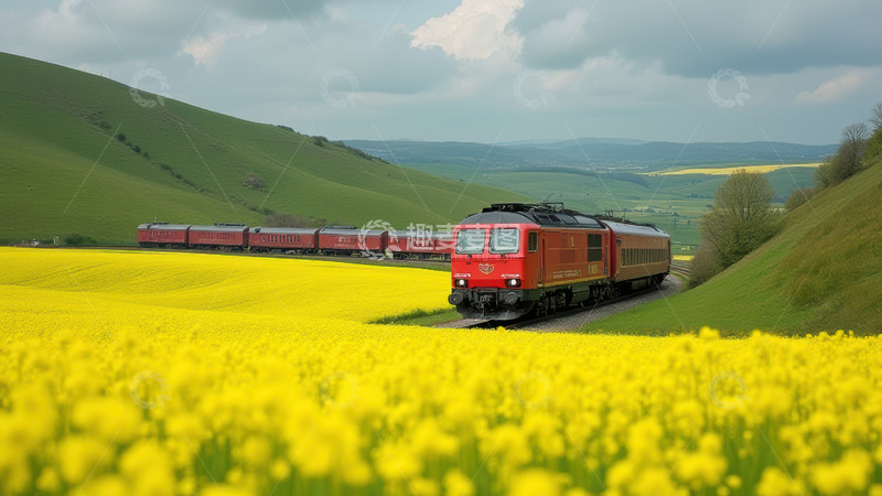 花海中穿行的红色火车