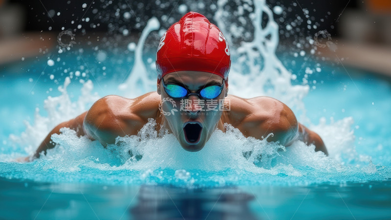 高清大图下载【趣麦麦图】泳池中冲刺的红色泳帽泳者