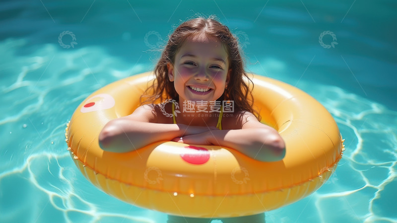 泳池中戴泳圈的小女孩