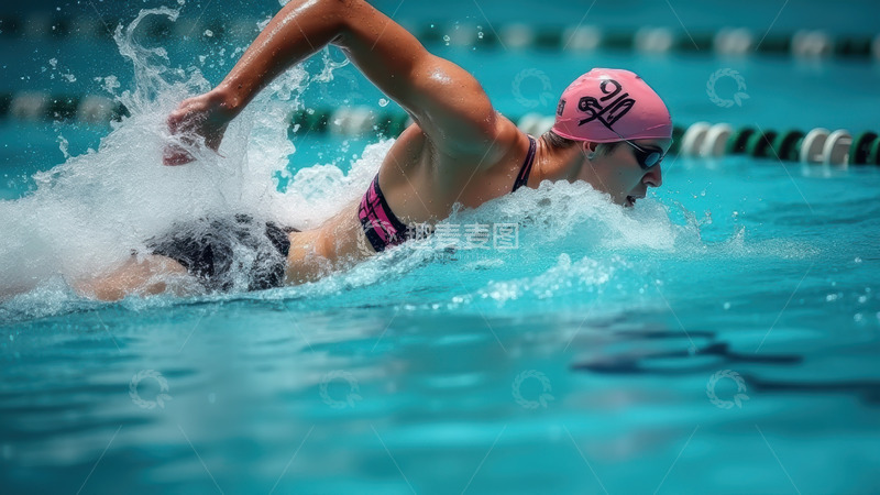 高清大图下载【趣麦麦图】泳池中奋力游泳的粉色泳帽者