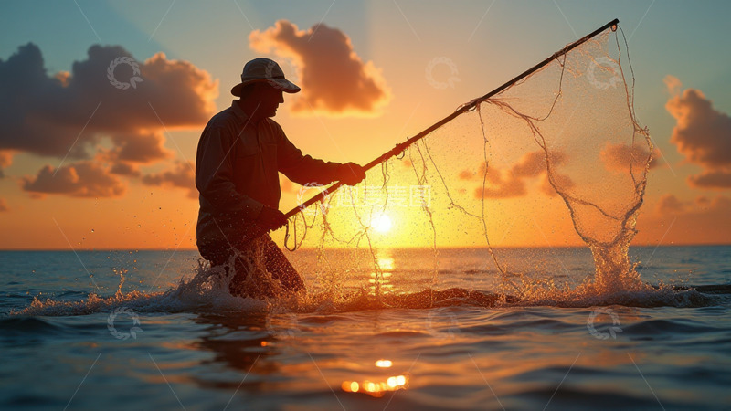 高清大图下载【趣麦麦图】夕阳下海中撒网的渔夫