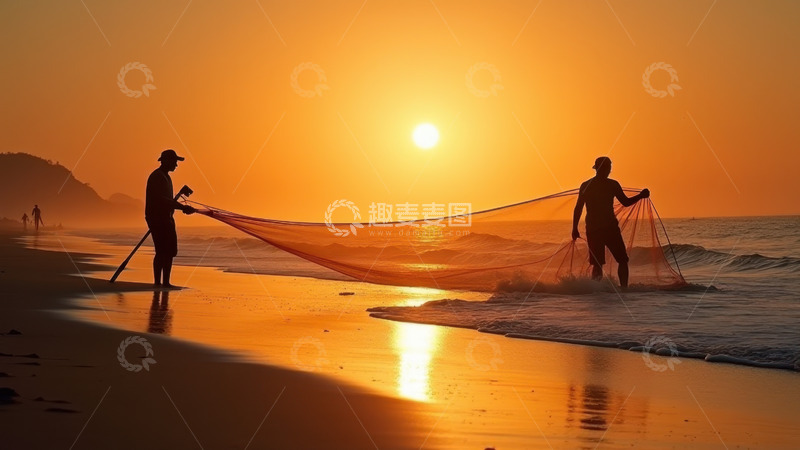 高清大图下载【趣麦麦图】夕阳下海滩上的撒网渔夫