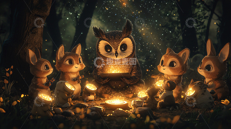 高清大图下载【趣麦麦图】围坐在猫头鹰旁的小动物们