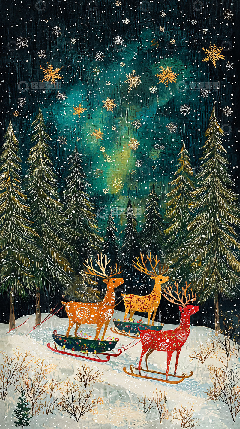 高清大图下载【趣麦麦图】星空下驯鹿雪橇