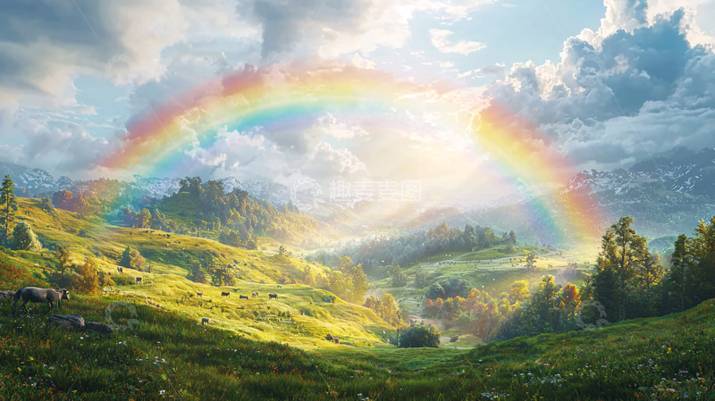 高清大图下载【趣麦麦图】彩虹山峦田园风光