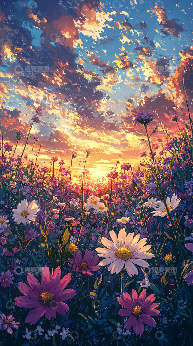 高清大图下载【趣麦麦图】日落花海唯美意境图