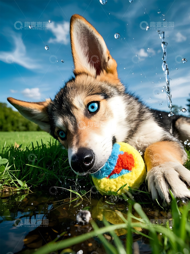 高清大图下载【趣麦麦图】户外咬球玩耍的哈士奇