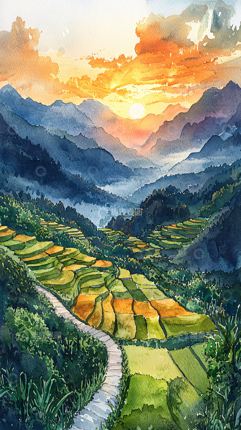 高清大图下载【趣麦麦图】山谷梯田日出水彩画