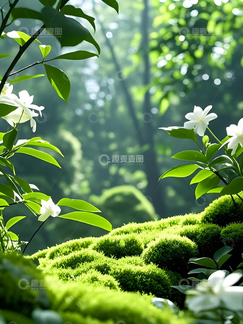 高清大图下载【趣麦麦图】绿色健康户外森林苔藓花朵实景产品展示背景 1