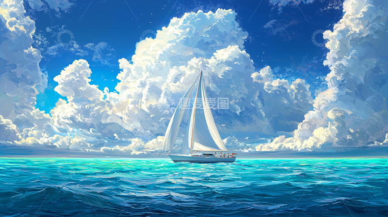 高清大图下载【趣麦麦图】湛蓝大海白帆船