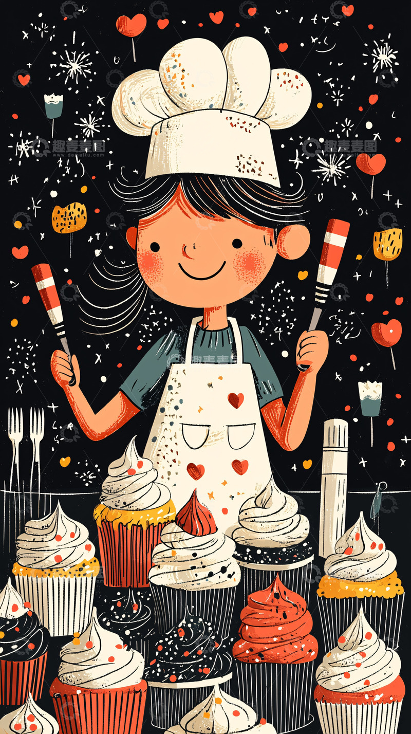 高清大图下载【趣麦麦图】可爱女厨师和纸杯蛋糕