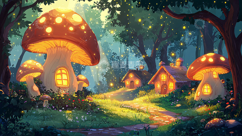 高清大图下载【趣麦麦图】童话蘑菇屋森林梦幻场景
