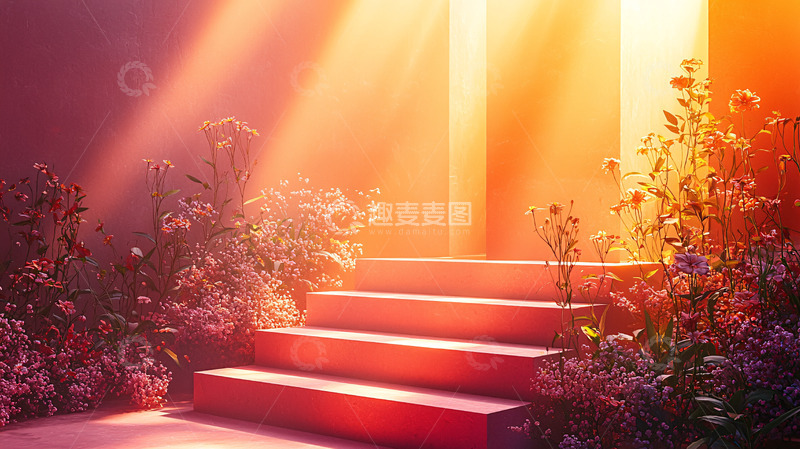 高清大图下载【趣麦麦图】温暖阳光下的花朵台阶