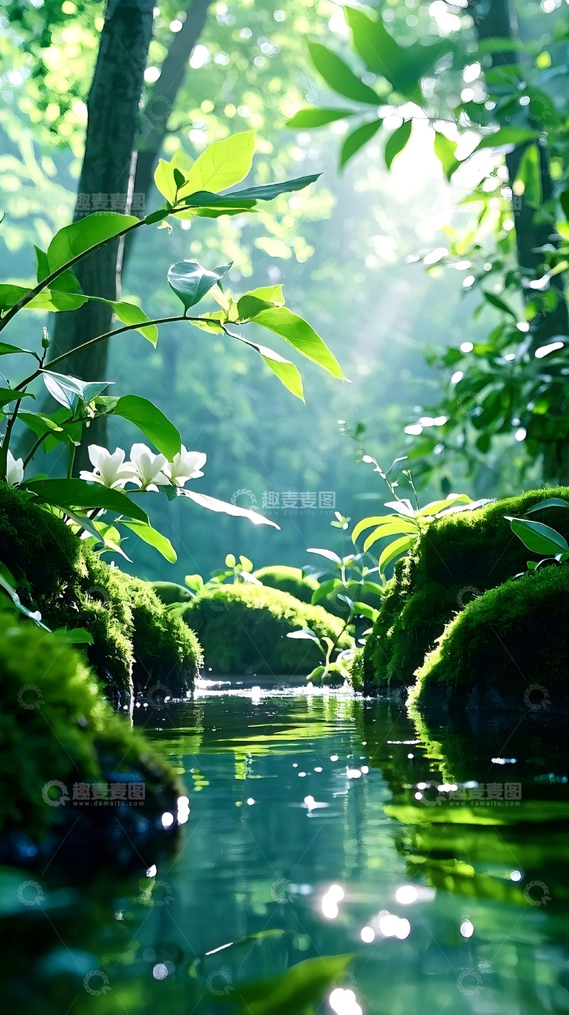 高清大图下载【趣麦麦图】绿色健康户外森林苔藓花朵实景产品展示背景 