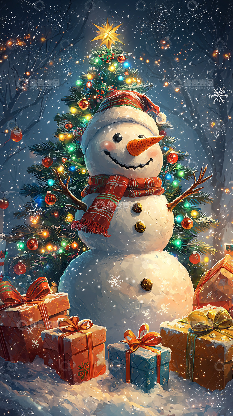 高清大图下载【趣麦麦图】圣诞雪人与圣诞树礼物