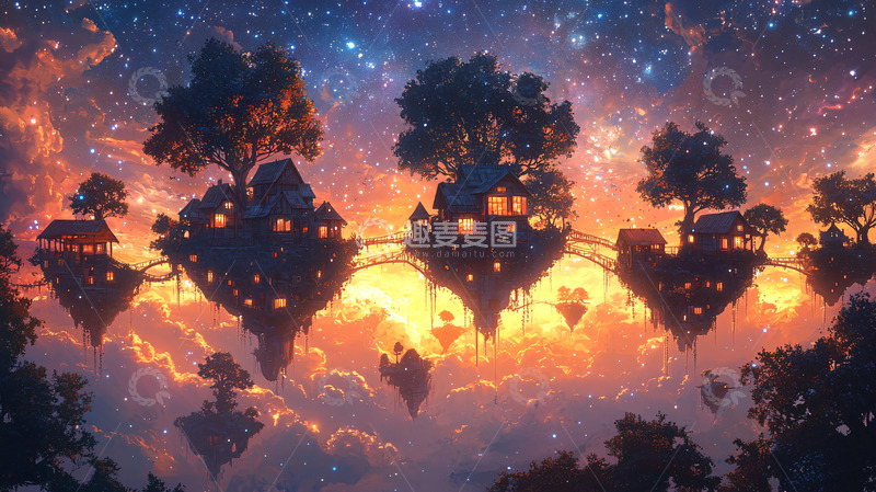 高清大图下载【趣麦麦图】漂浮岛屿梦幻星空