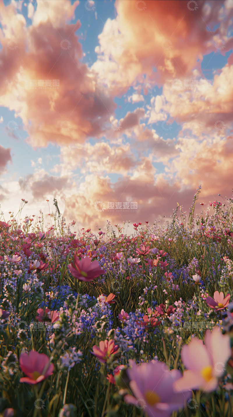 高清大图下载【趣麦麦图】粉色天空下的花海