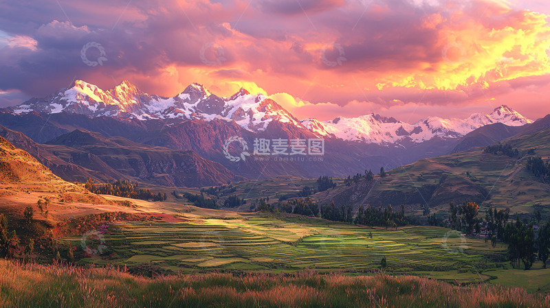 高清大图下载【趣麦麦图】壮丽雪山日落景色