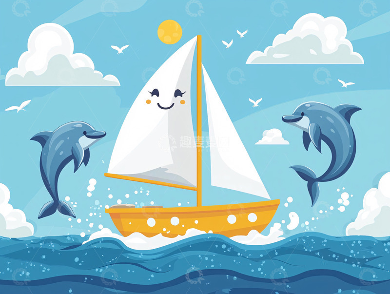 高清大图下载【趣麦麦图】卡通帆船与海豚