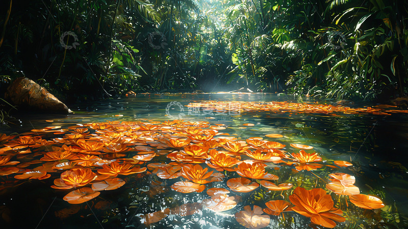 高清大图下载【趣麦麦图】热带雨林水面橙色花朵