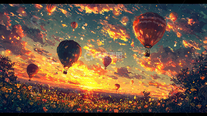 高清大图下载【趣麦麦图】夕阳下热气球飞舞