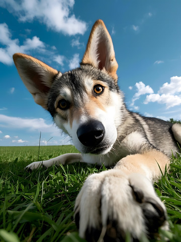 户外趴着的捷克狼犬