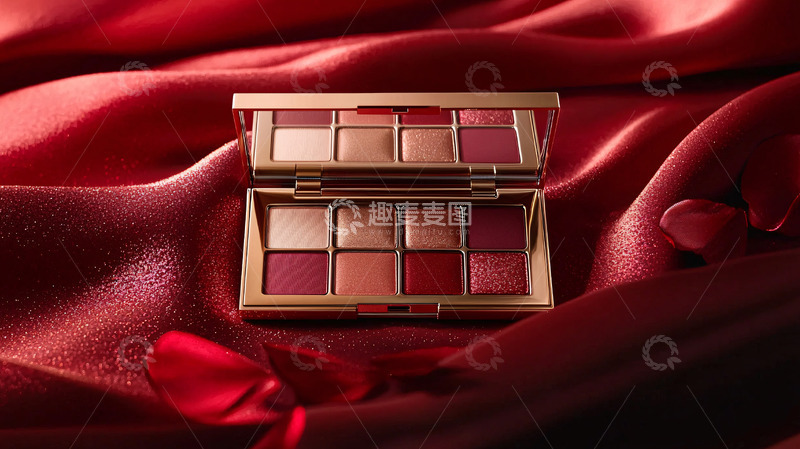 高清大图下载【趣麦麦图】眼影盘在红色丝绸上