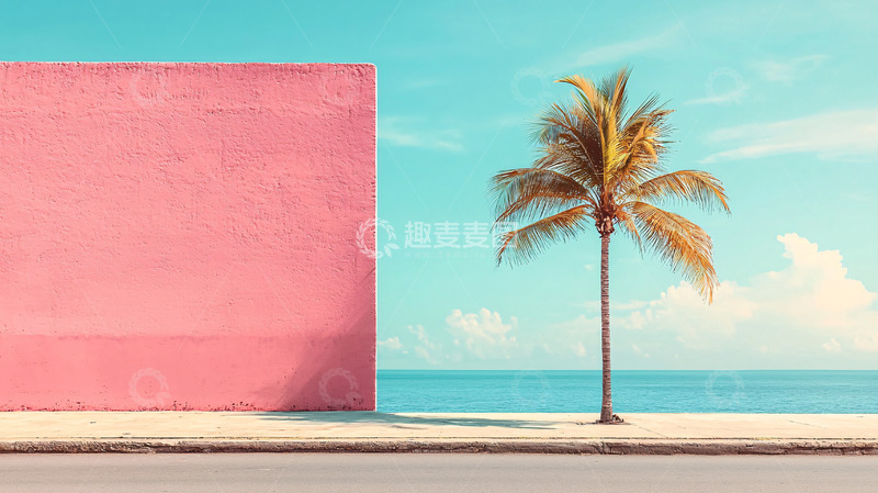 高清大图下载【趣麦麦图】粉墙椰树海边风景