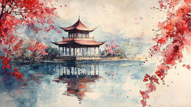 高清大图下载【趣麦麦图】水墨中国风红色亭台