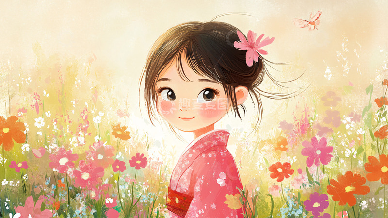高清大图下载【趣麦麦图】可爱女孩和服花田