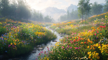 清晨山谷溪流鲜花