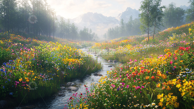 高清大图下载【趣麦麦图】清晨山谷溪流鲜花