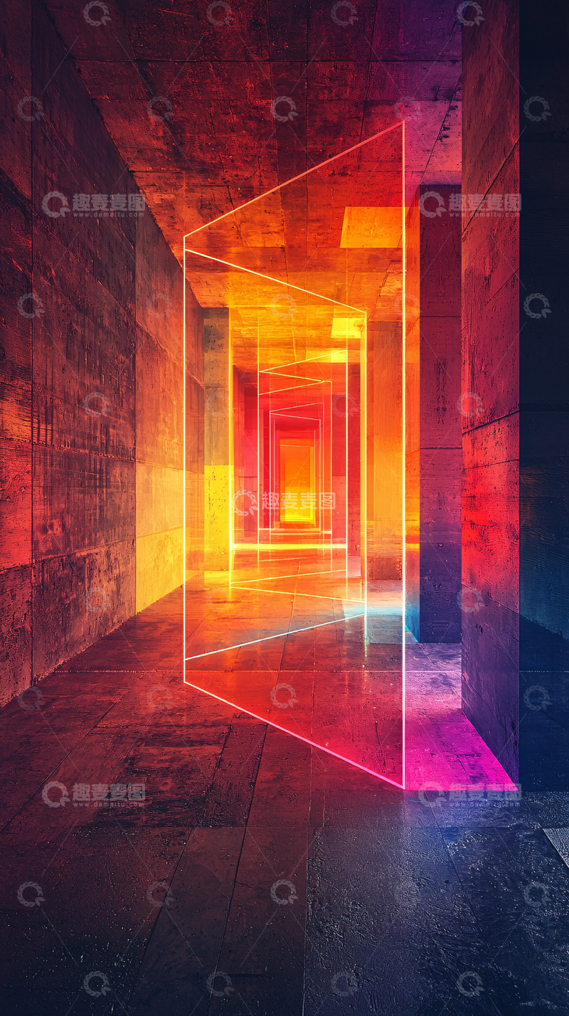 高清大图下载【趣麦麦图】霓虹灯光照亮的混凝土走廊